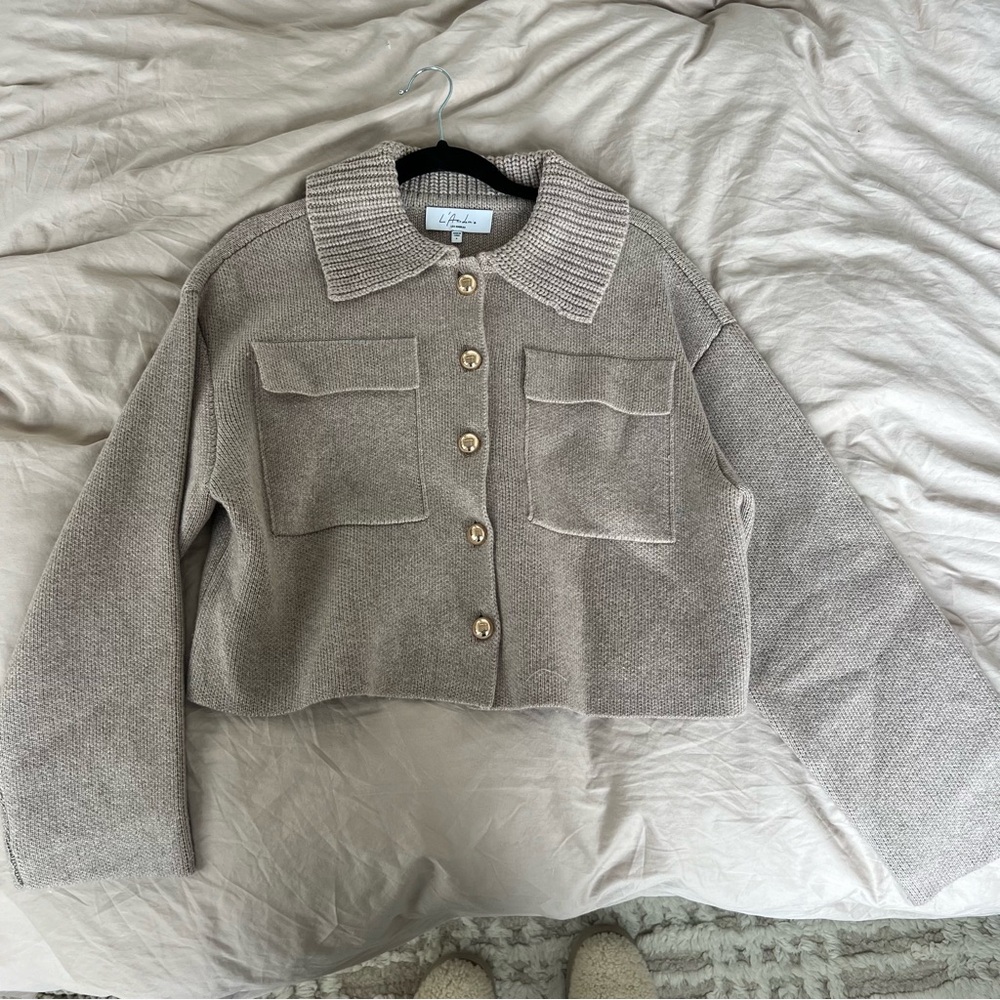L'Academie Taupe-Cream Collared Button Cardigan